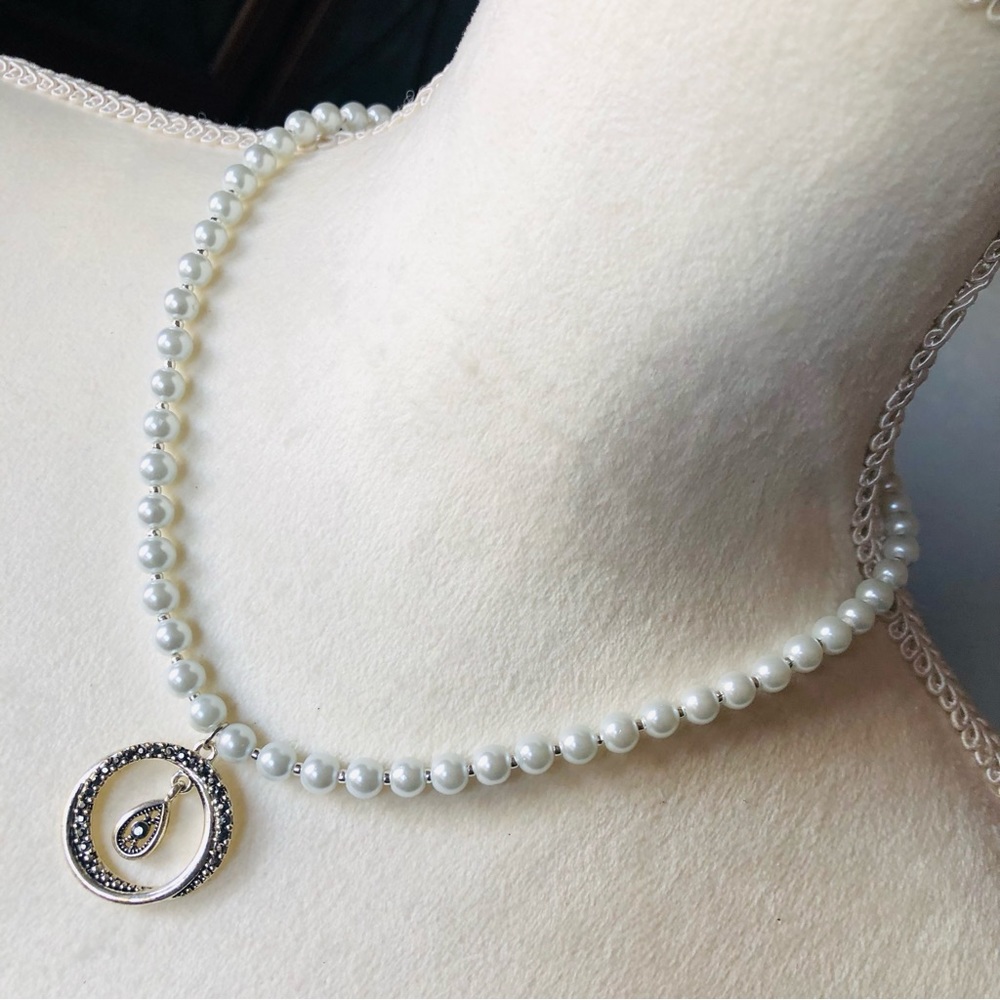 Handcrafted repurpose genuine marcasite pendant Czech glass Pearl necklace